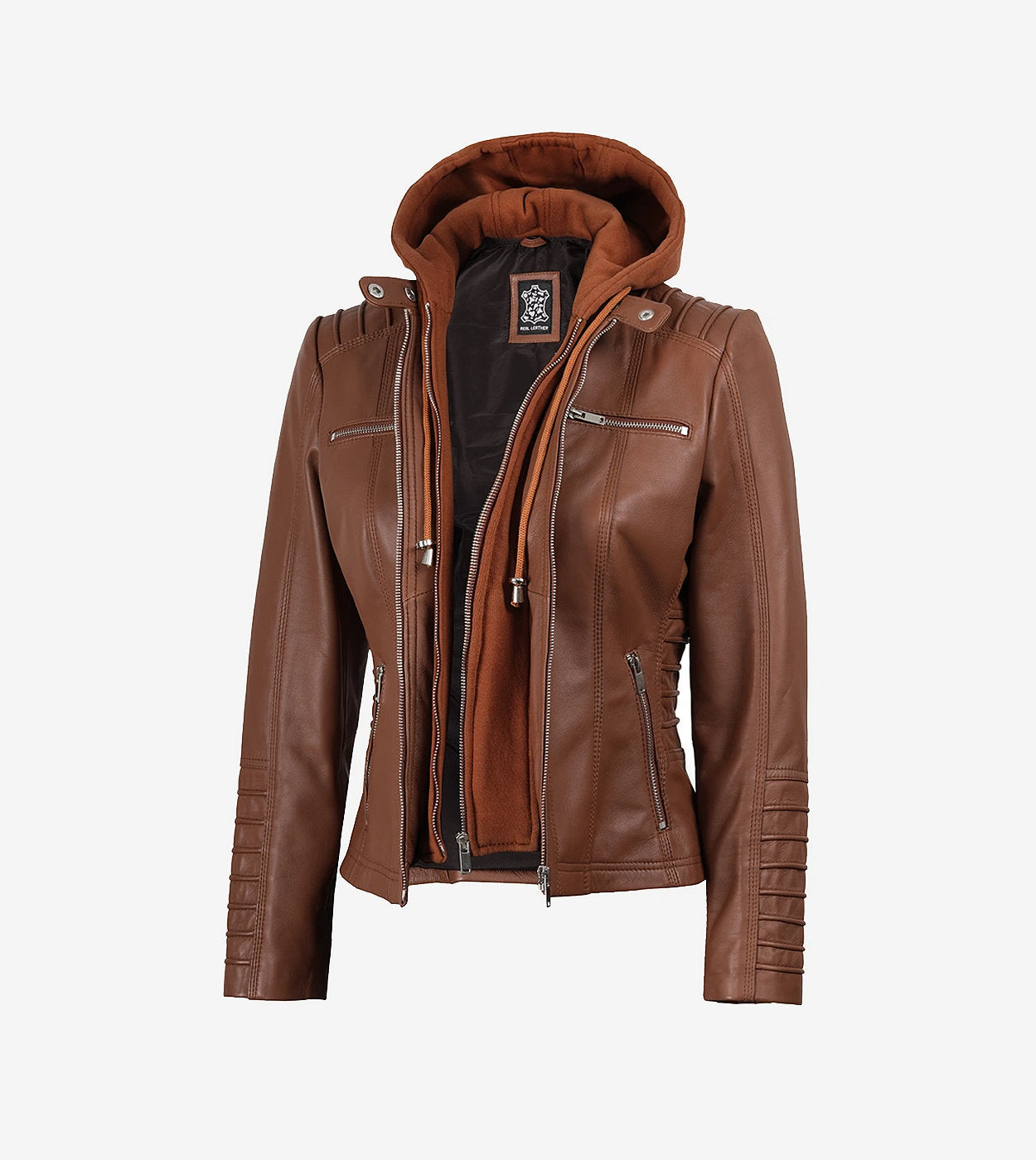 Helen Womens Cognac Leather Jacket With Removable Hood