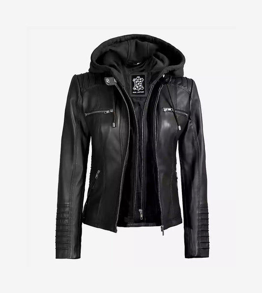 Helen Womens Tall Black Leather Jacket With Removable Hood