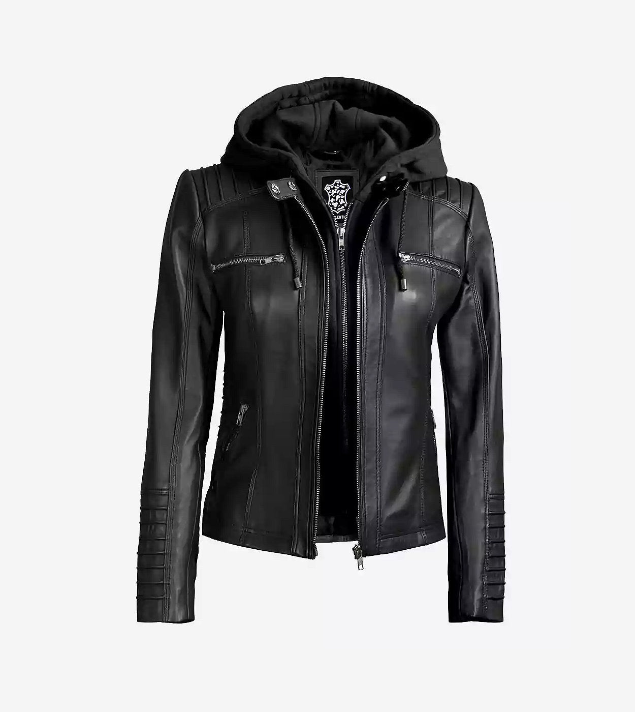 Helen Womens Tall Black Leather Jacket With Removable Hood