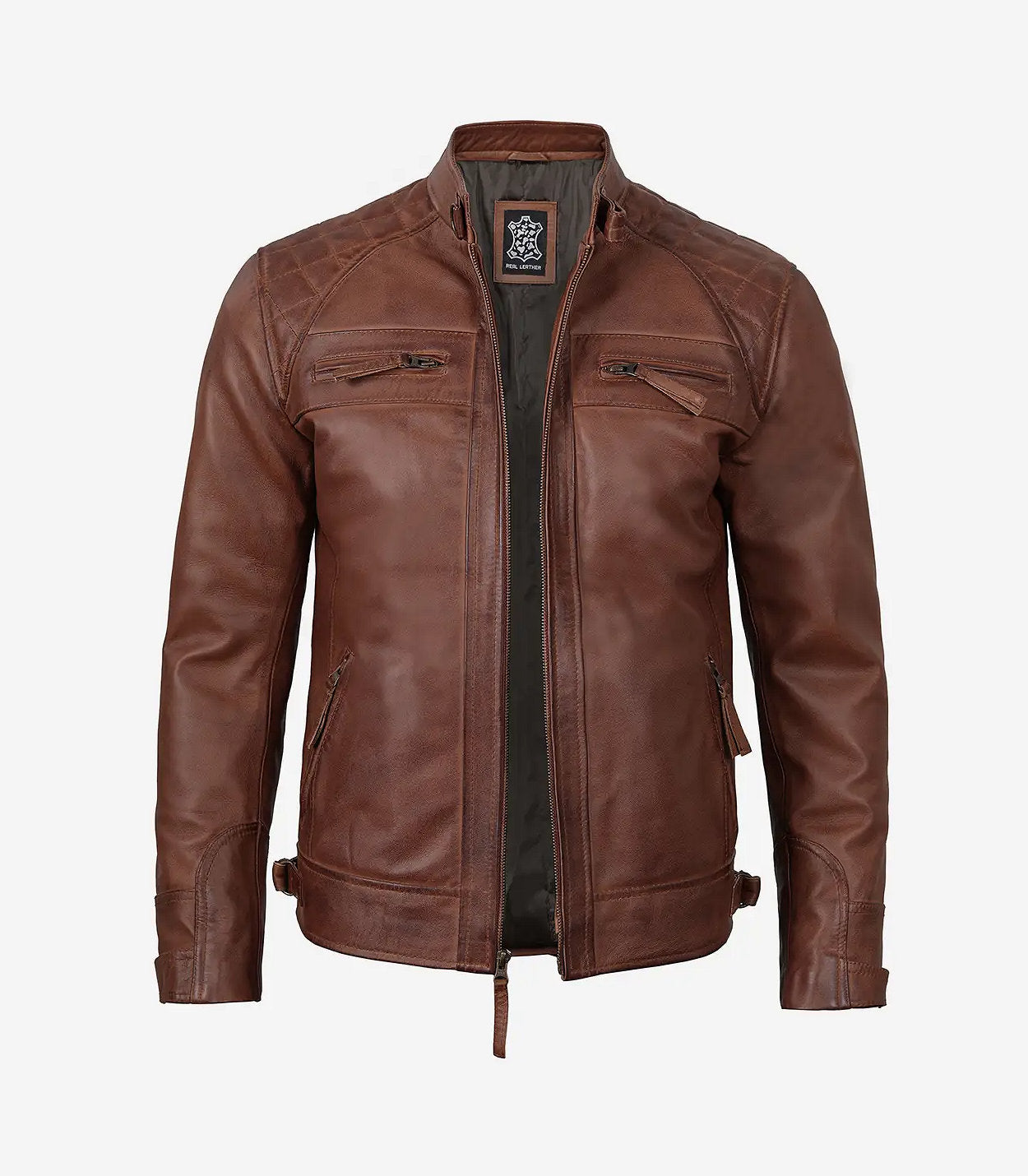 Johnson Mens Tall Cognac Cafe Racer Quilted Leather Jacket