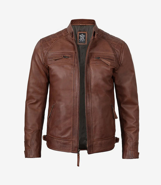 Johnson Mens Tall Cognac Cafe Racer Quilted Leather Jacket