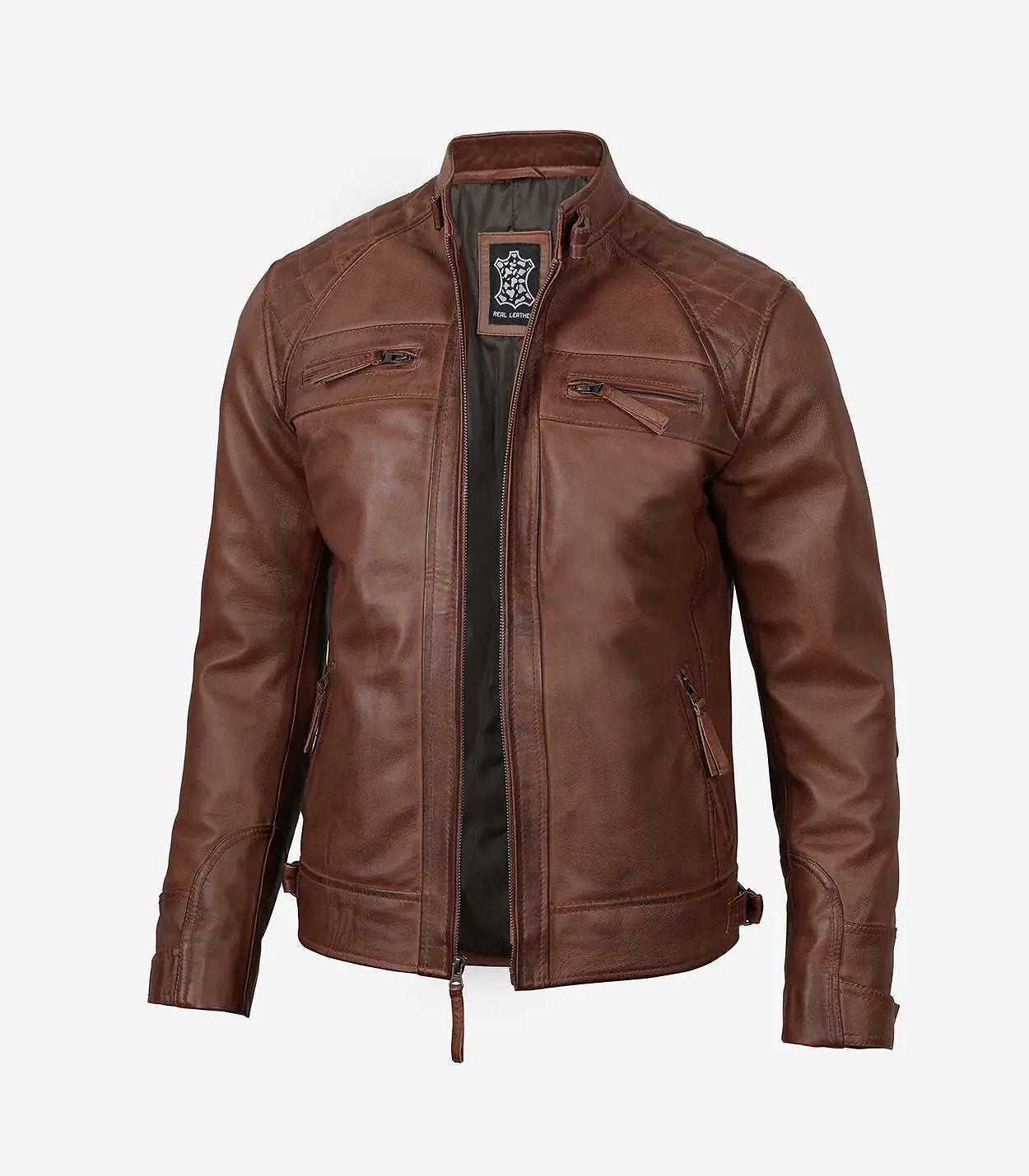 Johnson Mens Tall Cognac Cafe Racer Quilted Leather Jacket