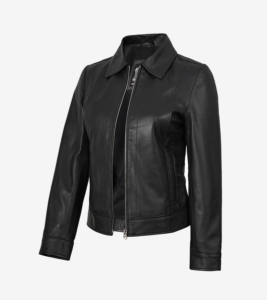 Jose Womens Black Shirt Collar Harrington Leather Jacket
