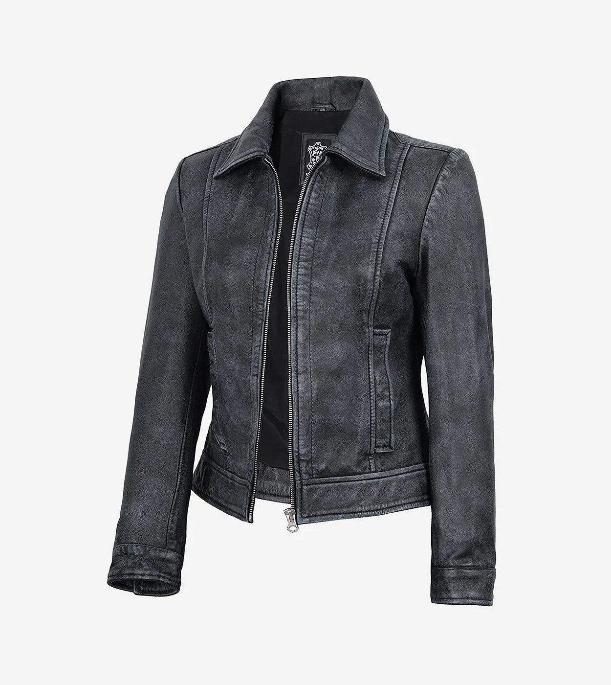 Jose Womens Black Shirt Collar Harrington Washed Leather Jacket