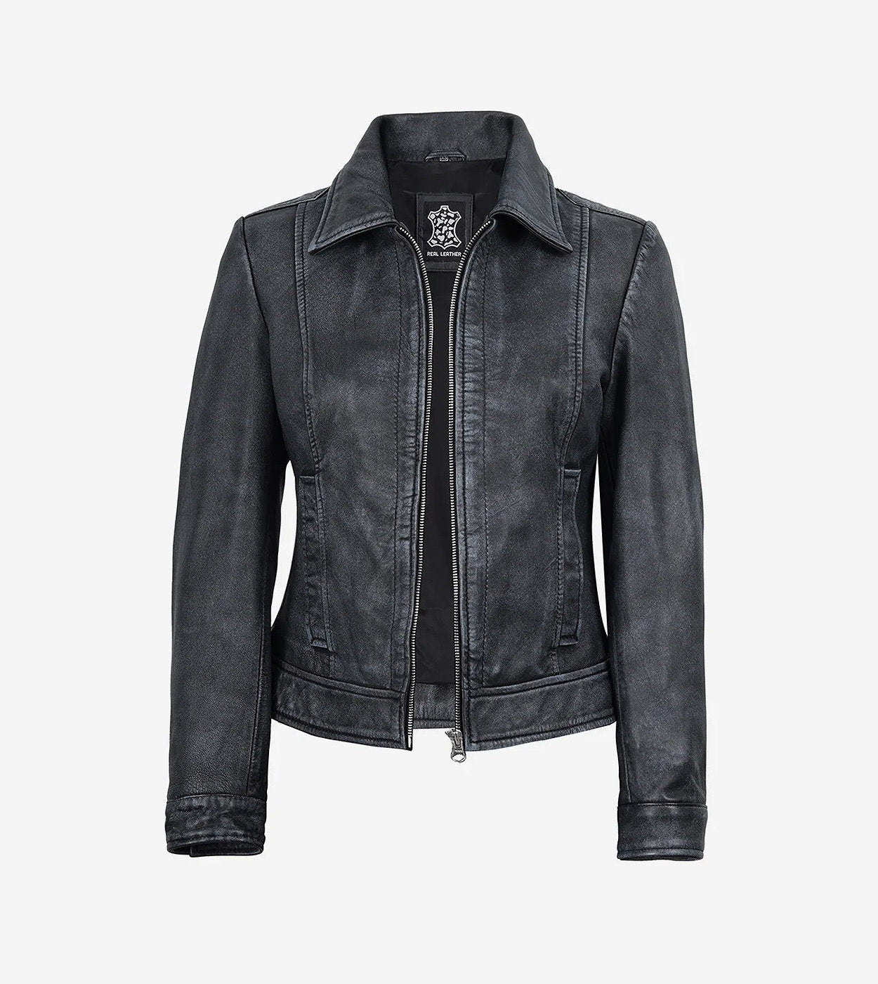 Jose Womens Black Shirt Collar Harrington Washed Leather Jacket
