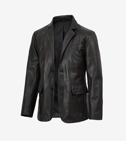 Juan Men'S Two Toned Maroon Distressed Black Leather Blazer