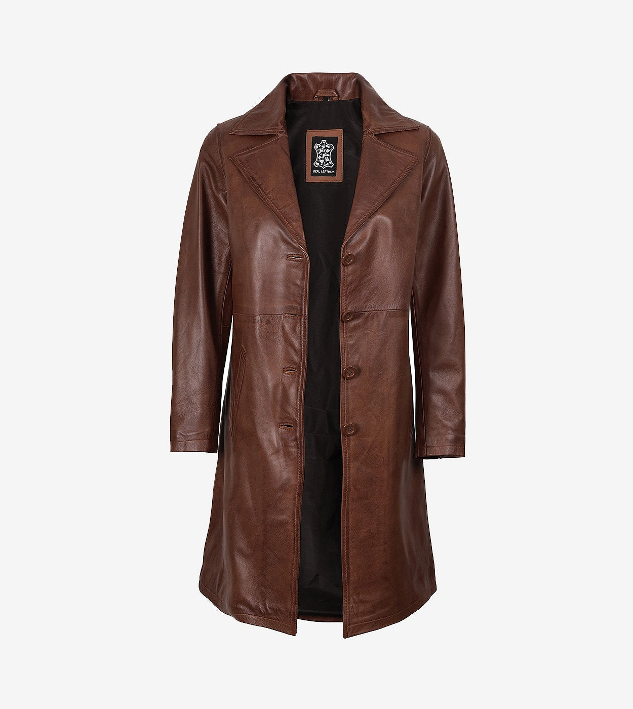 Long Cognac Leather Car Coat For Women