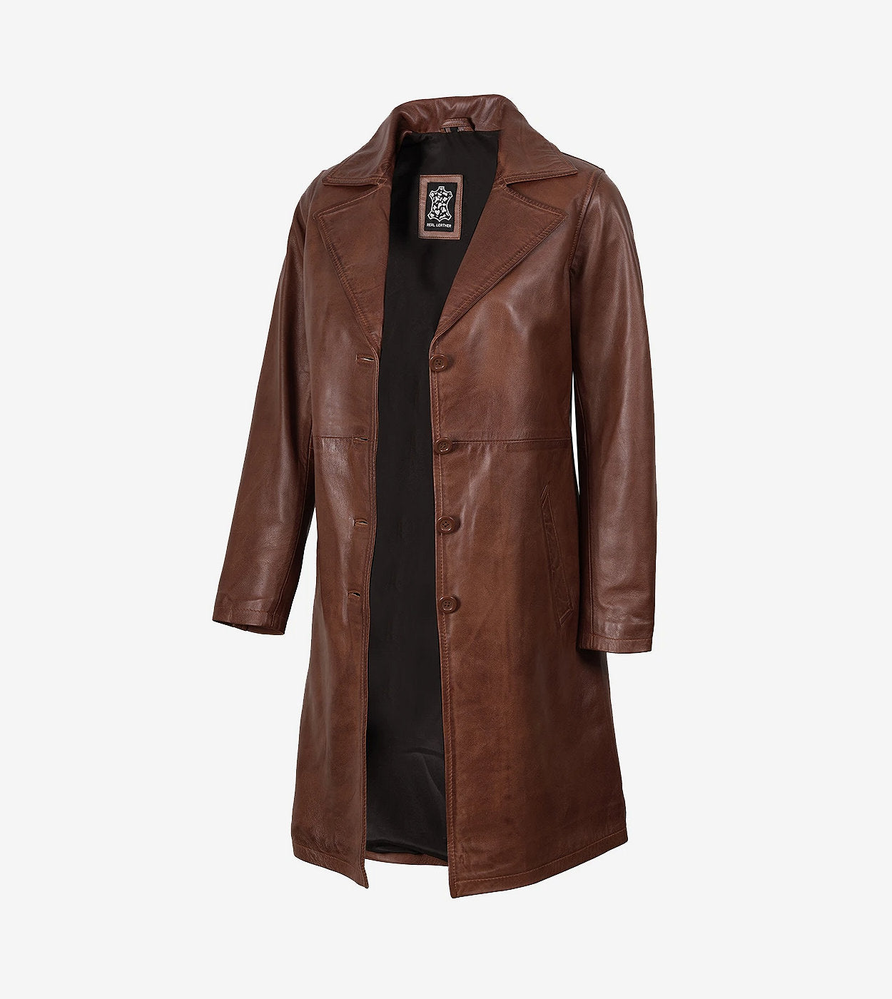Long Cognac Leather Car Coat For Women