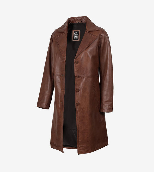 Long Cognac Leather Car Coat For Women