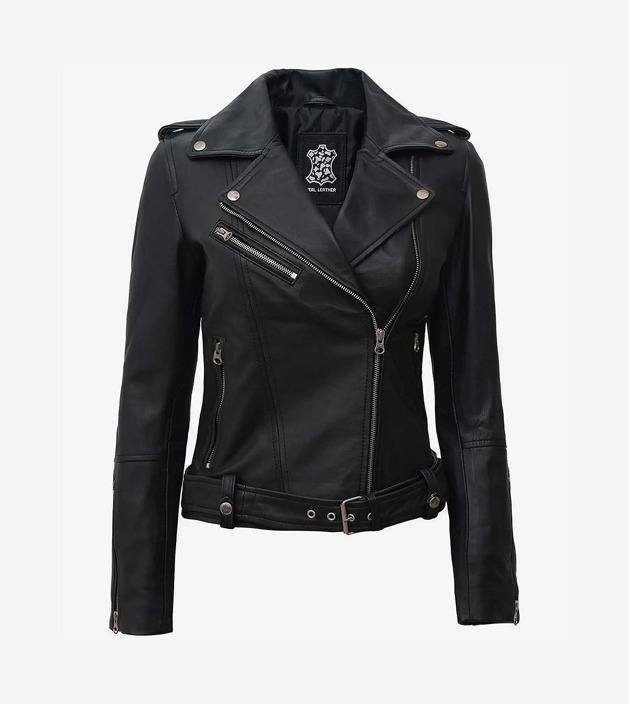 Margaret Womens Black Biker Style Leather Jacket With Belt