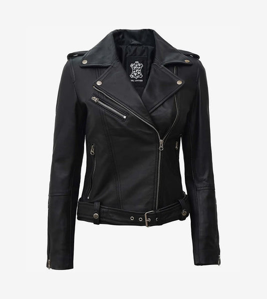 Margaret Womens Black Biker Style Leather Jacket With Belt