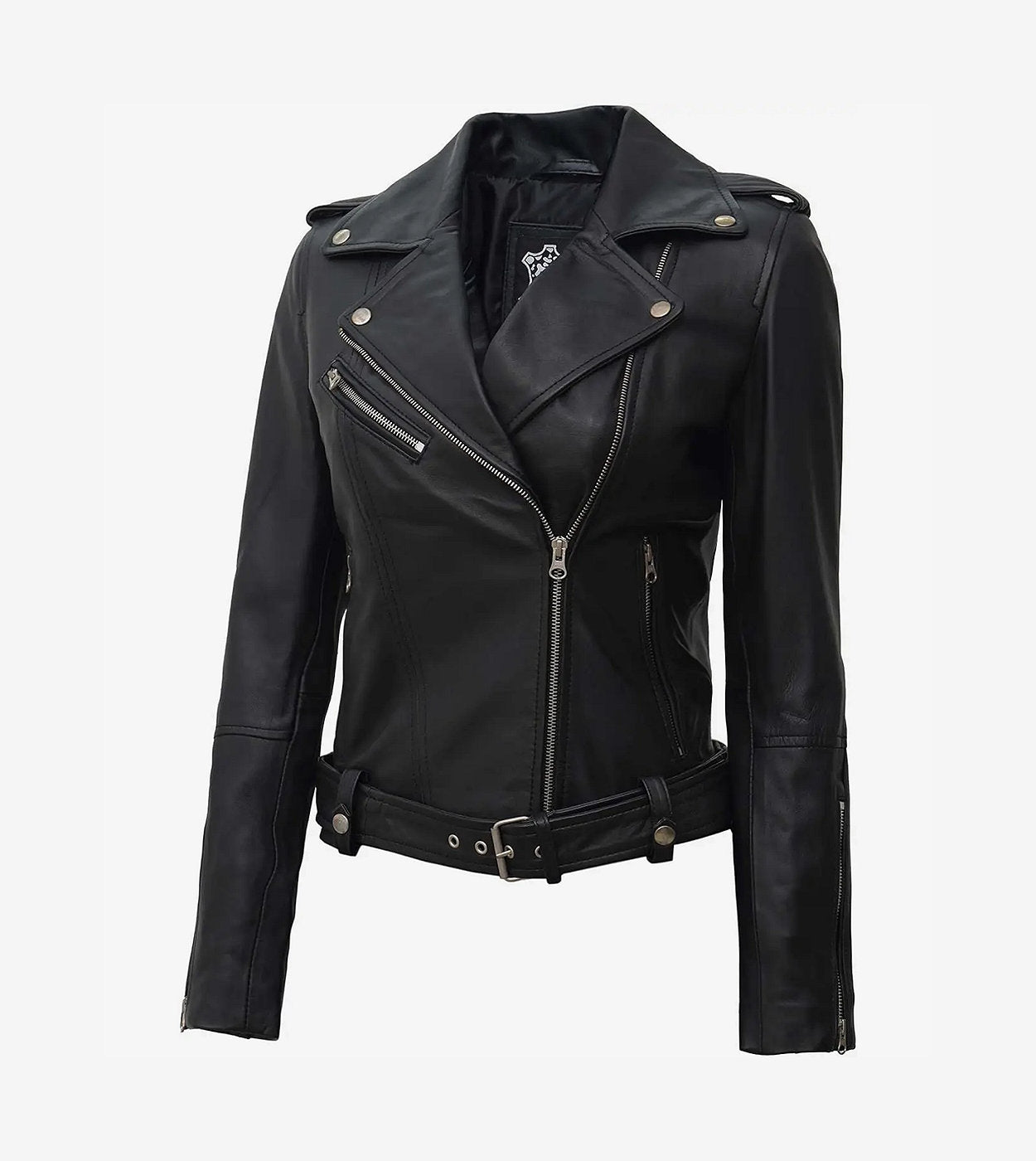 Margaret Womens Black Biker Style Leather Jacket With Belt