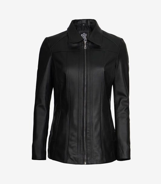 Marsha Womens Black Leather Car Coat
