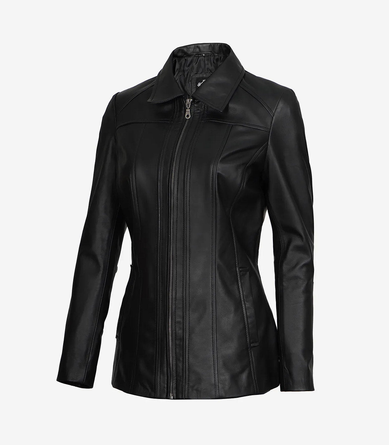 Marsha Womens Black Leather Car Coat
