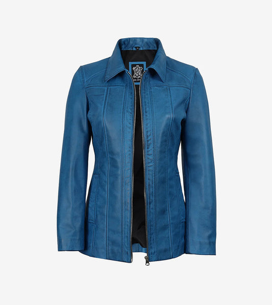Marsha Womens Blue Leather Car Coat