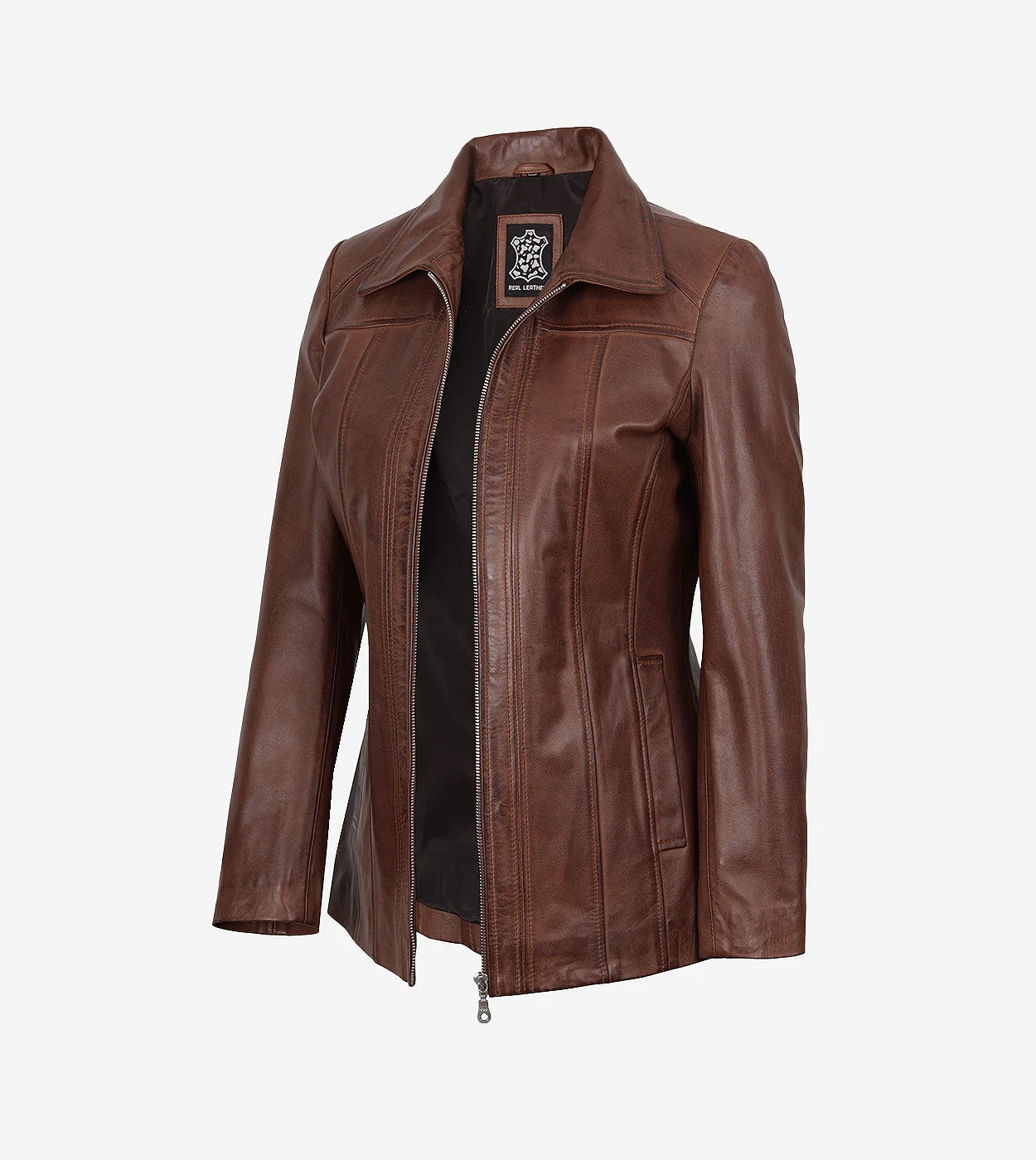 Marsha Womens Cognac Leather Car Coat