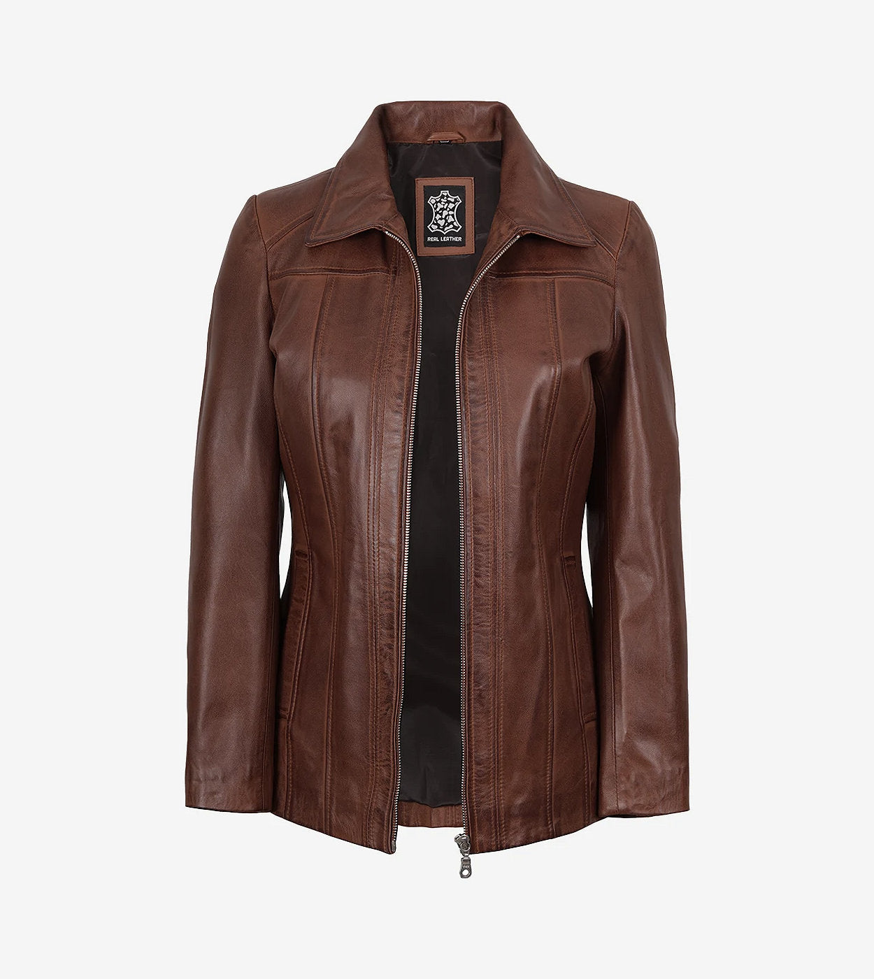 Marsha Womens Cognac Leather Car Coat