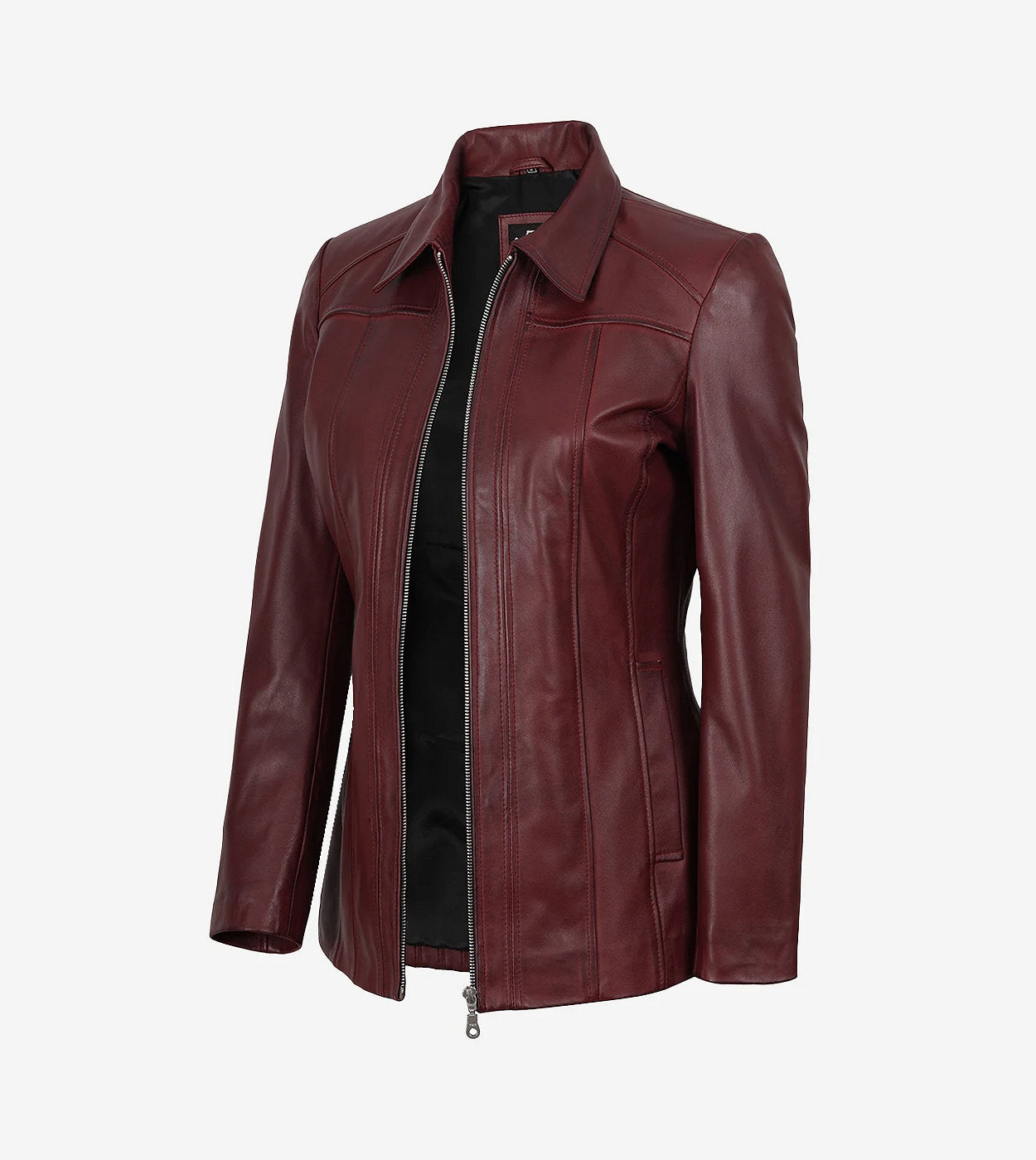Marsha Womens Maroon Leather Car Coat