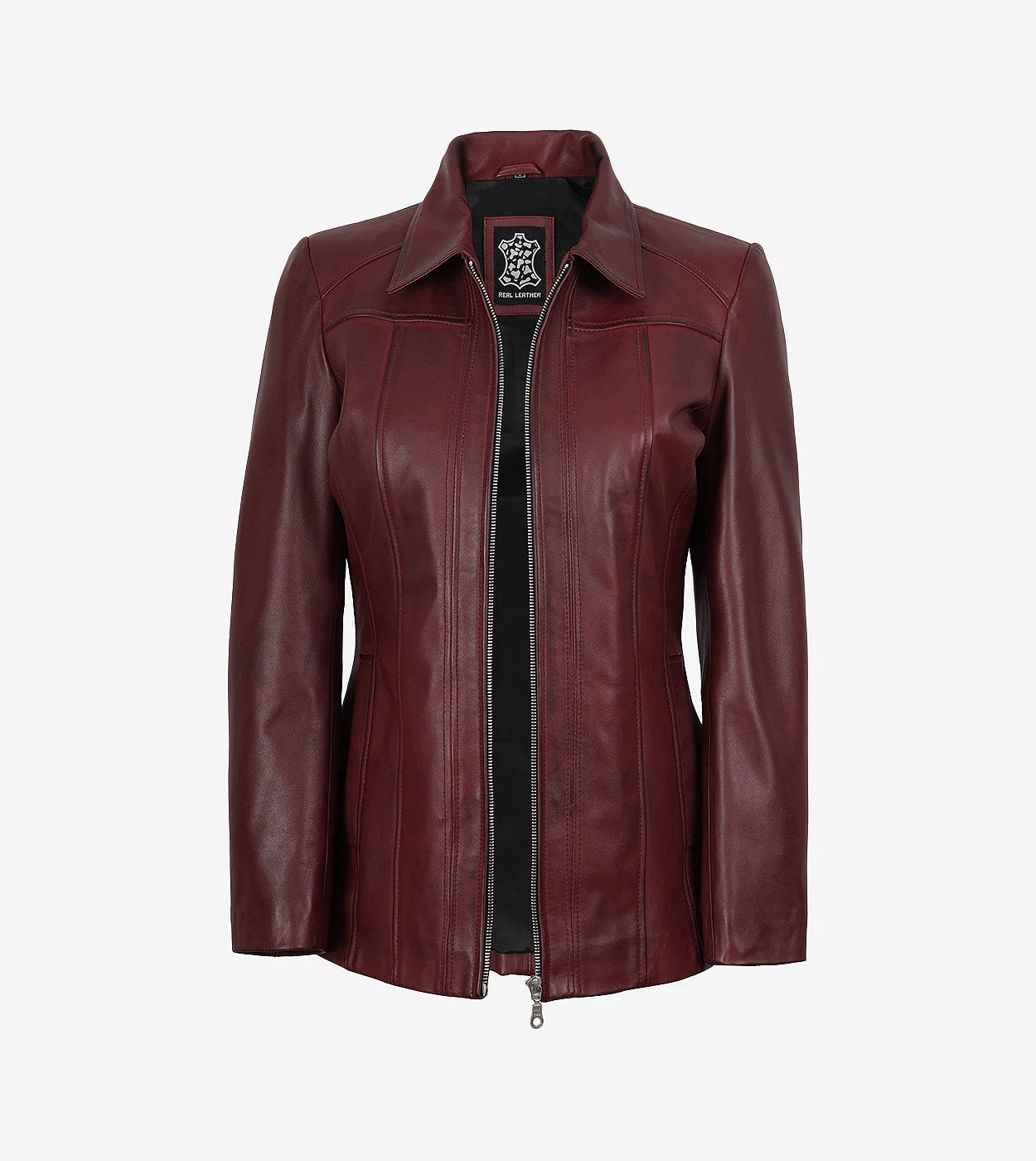 Marsha Womens Maroon Leather Car Coat
