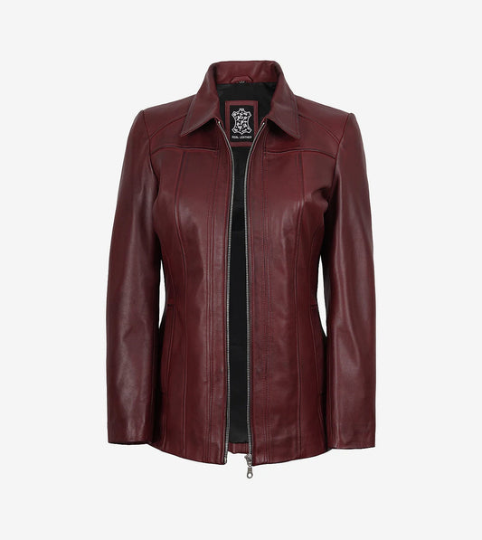 Marsha Womens Maroon Leather Car Coat
