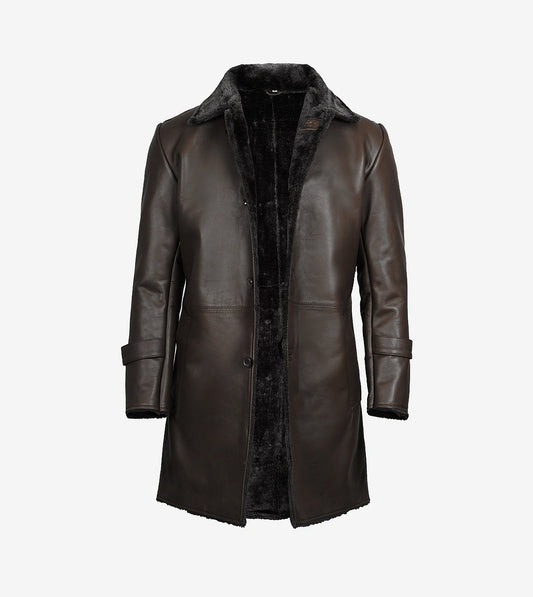Men'S 3/4 Length Dark Brown Shearling Leather Coat