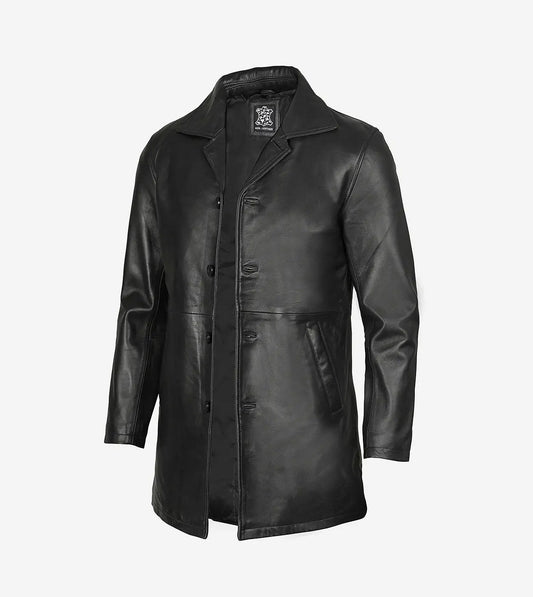 Men'S 3/4 Length Lambskin Leather Black Car Coat
