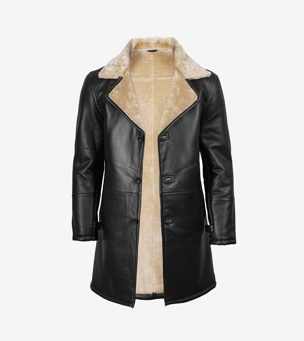 Men'S Black 3/4 Length Shearling Leather Coat