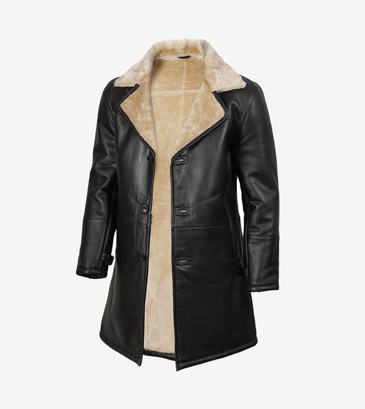 Men'S Black 3/4 Length Shearling Leather Coat