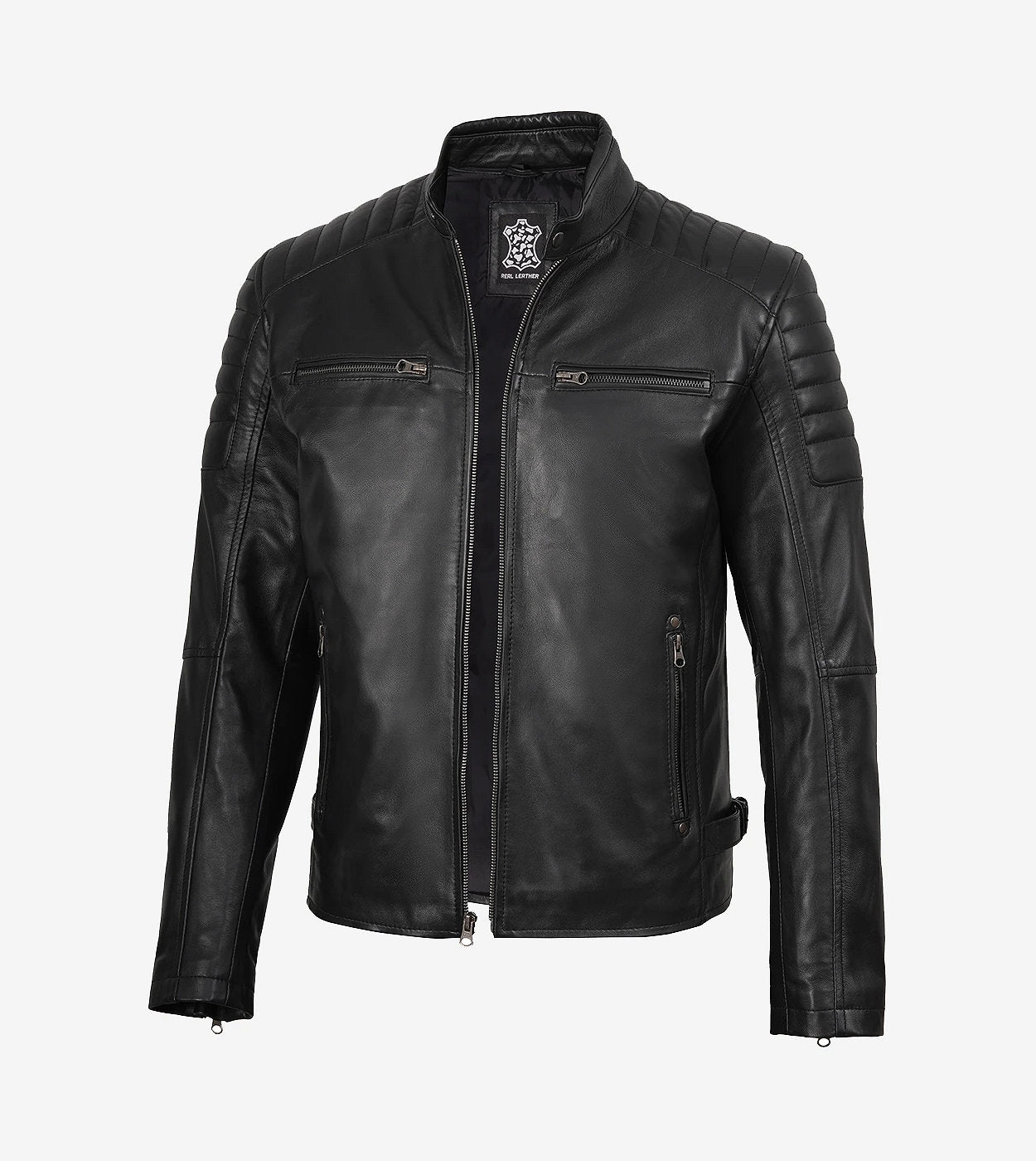 Men'S Black Biker Style Leather Jacket With Padded Shoulders