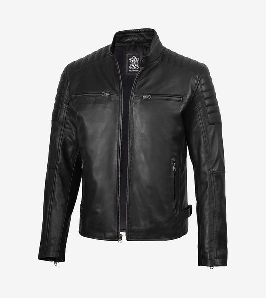 Men'S Black Biker Style Leather Jacket With Padded Shoulders