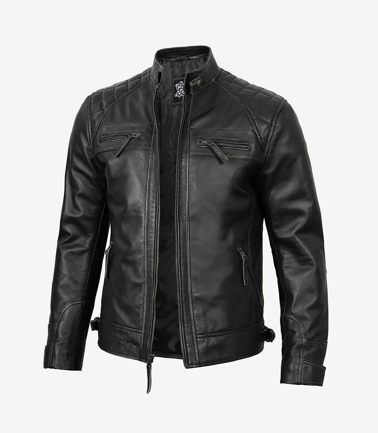 Men'S Black Cafe Racer Style Leather Jacket - Quilted Shoulder