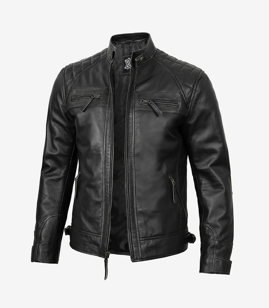 Men'S Black Cafe Racer Style Leather Jacket - Quilted Shoulder