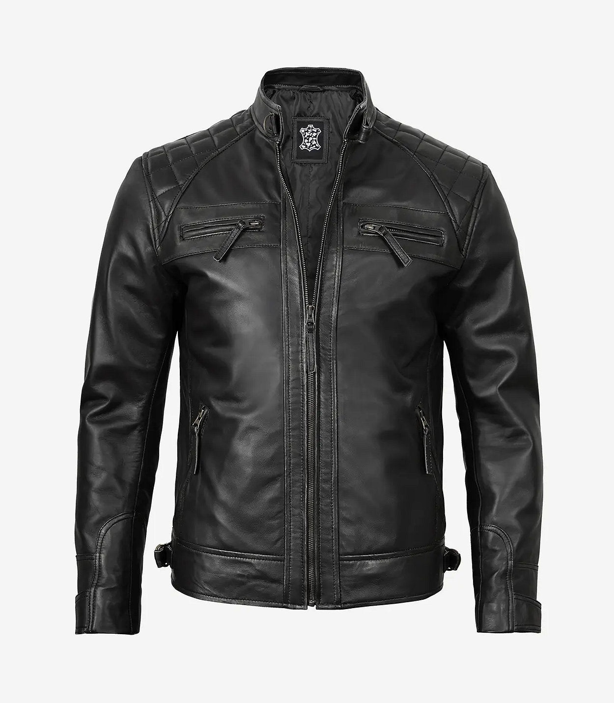 Men'S Black Cafe Racer Style Leather Jacket - Quilted Shoulder