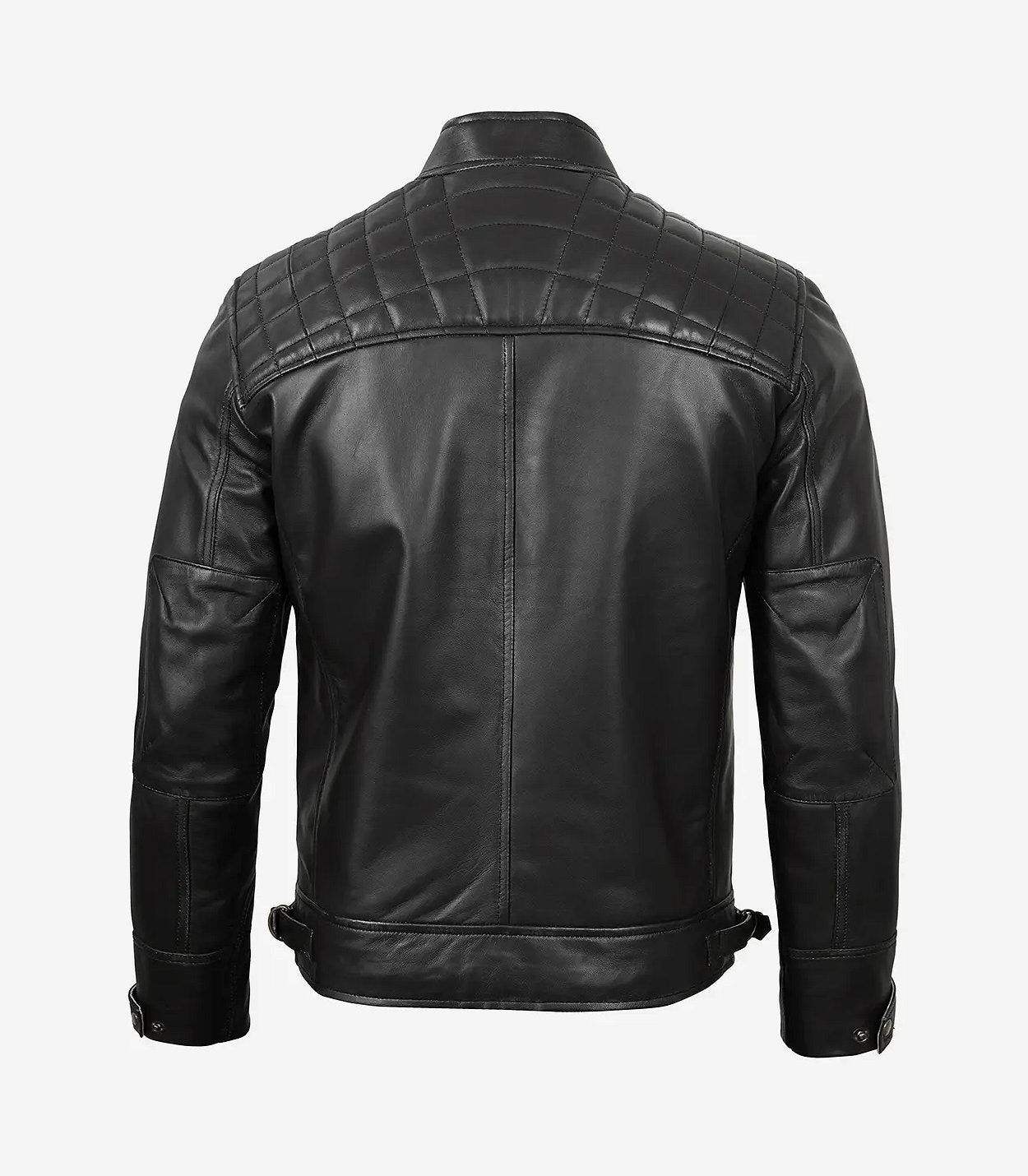 Men'S Black Cafe Racer Style Leather Jacket - Quilted Shoulder