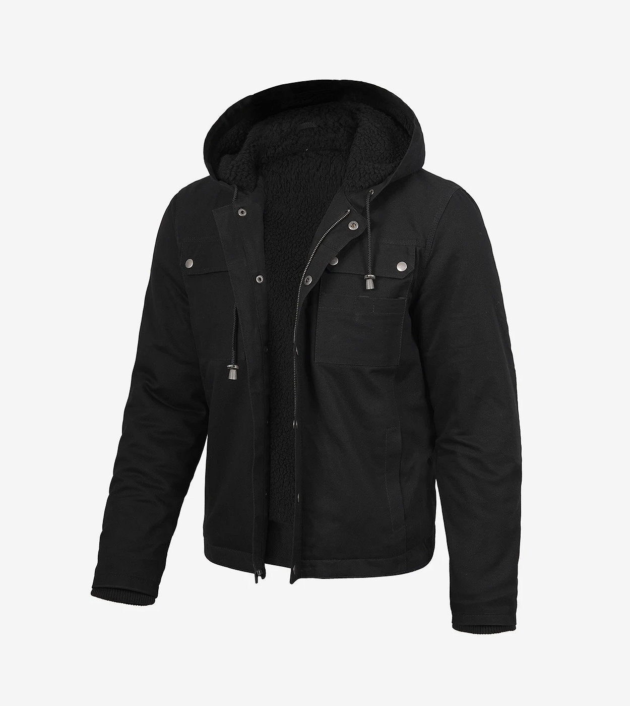 Men'S Black Cotton Hooded Jacket With Sherpa Lining