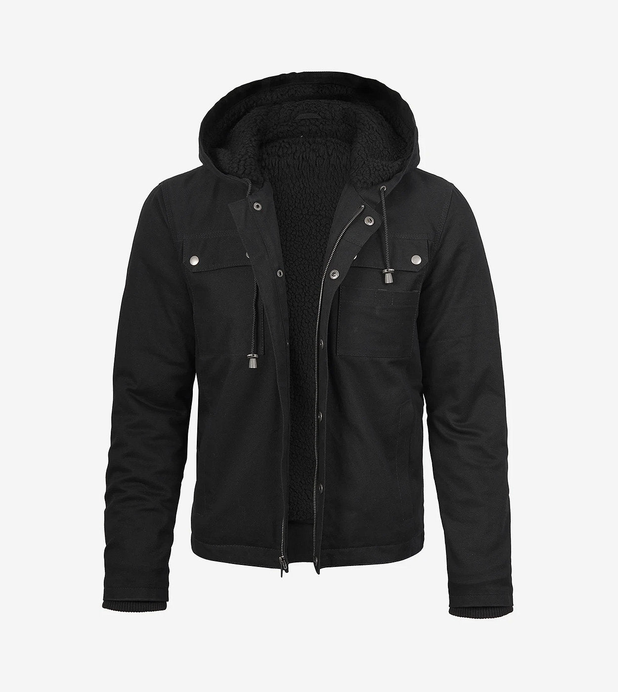 Men'S Black Cotton Hooded Jacket With Sherpa Lining