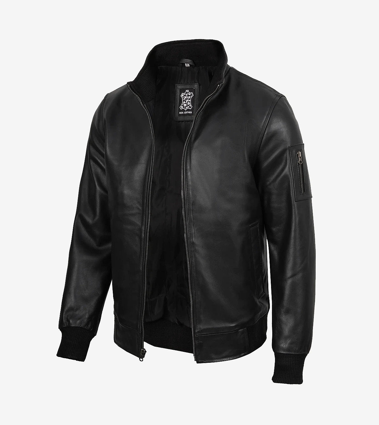 Men'S Black Cowhide Leather Bomber Jacket