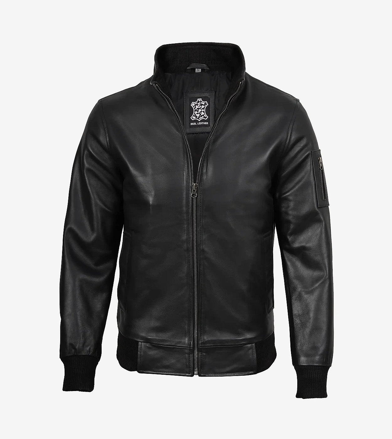 Men'S Black Cowhide Leather Bomber Jacket