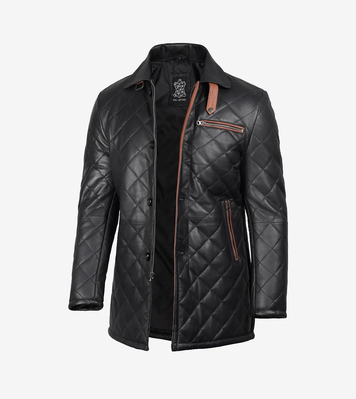 Men'S Black Diamond Quilted Leather Car Coat With Brown Detailing