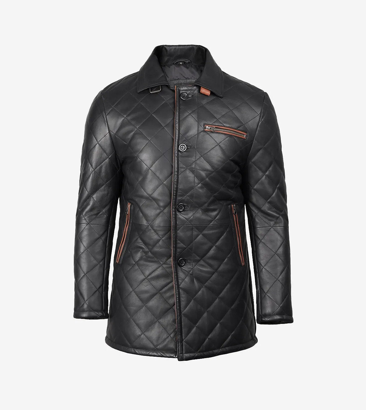 Men'S Black Diamond Quilted Leather Car Coat With Brown Detailing