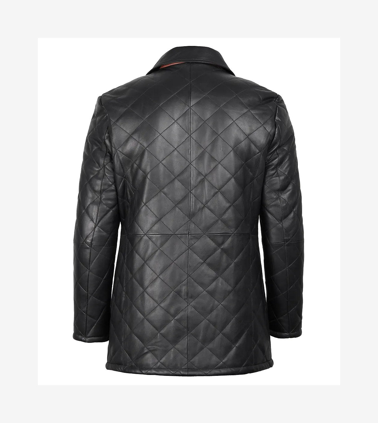 Men'S Black Diamond Quilted Leather Car Coat With Brown Detailing