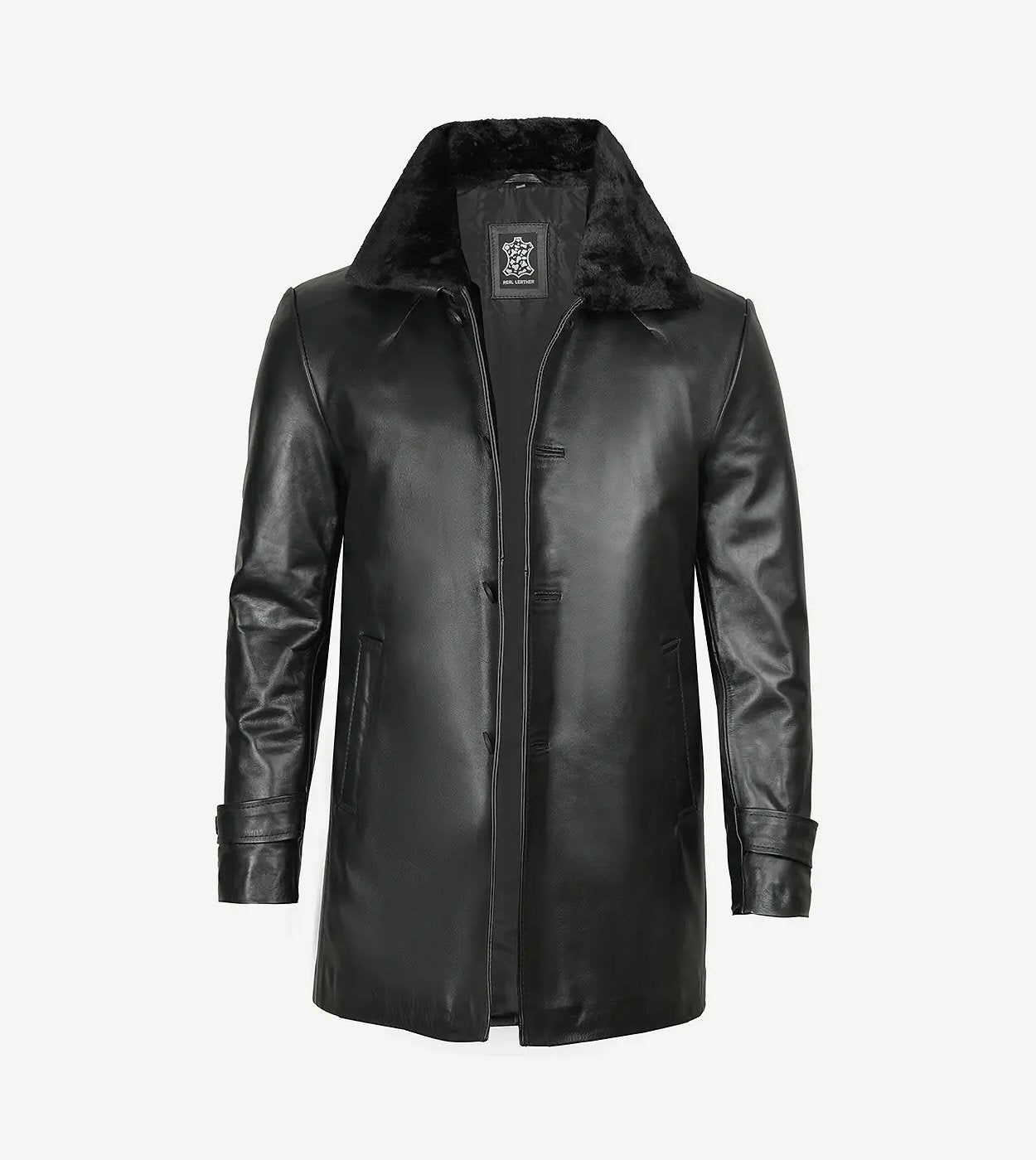 Men'S Black Leather 3/4 Length Coat With Fur Collar