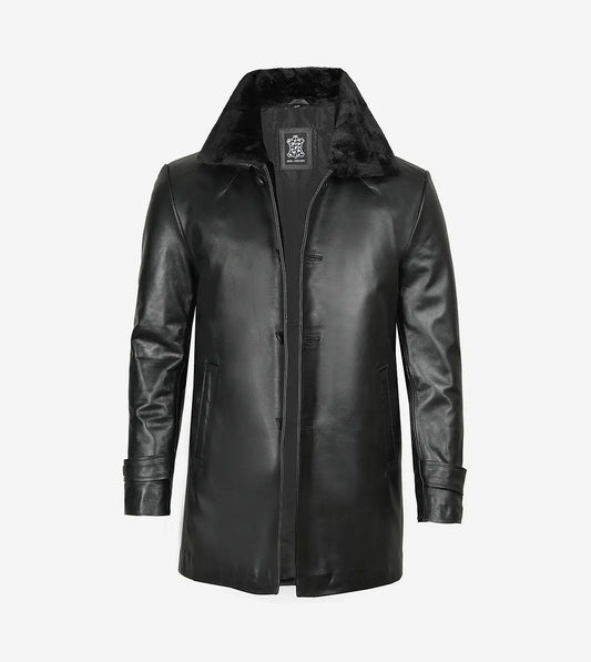 Men'S Black Leather 3/4 Length Coat With Fur Collar