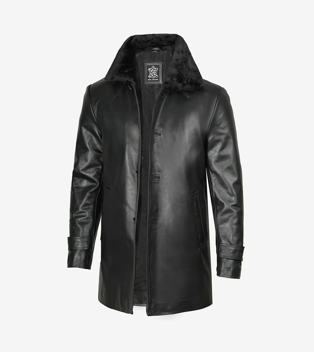 Men'S Black Leather 3/4 Length Coat With Fur Collar