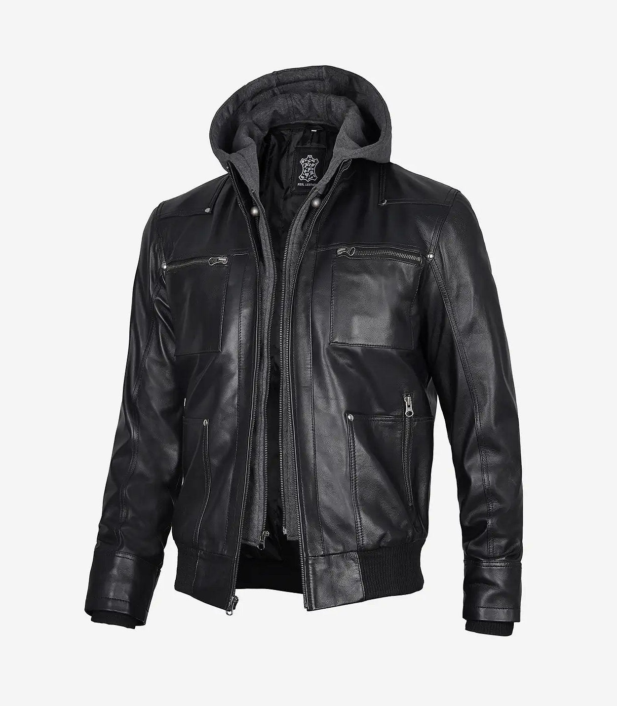 Men'S Black Leather Bomber Jacket With Removable Hood
