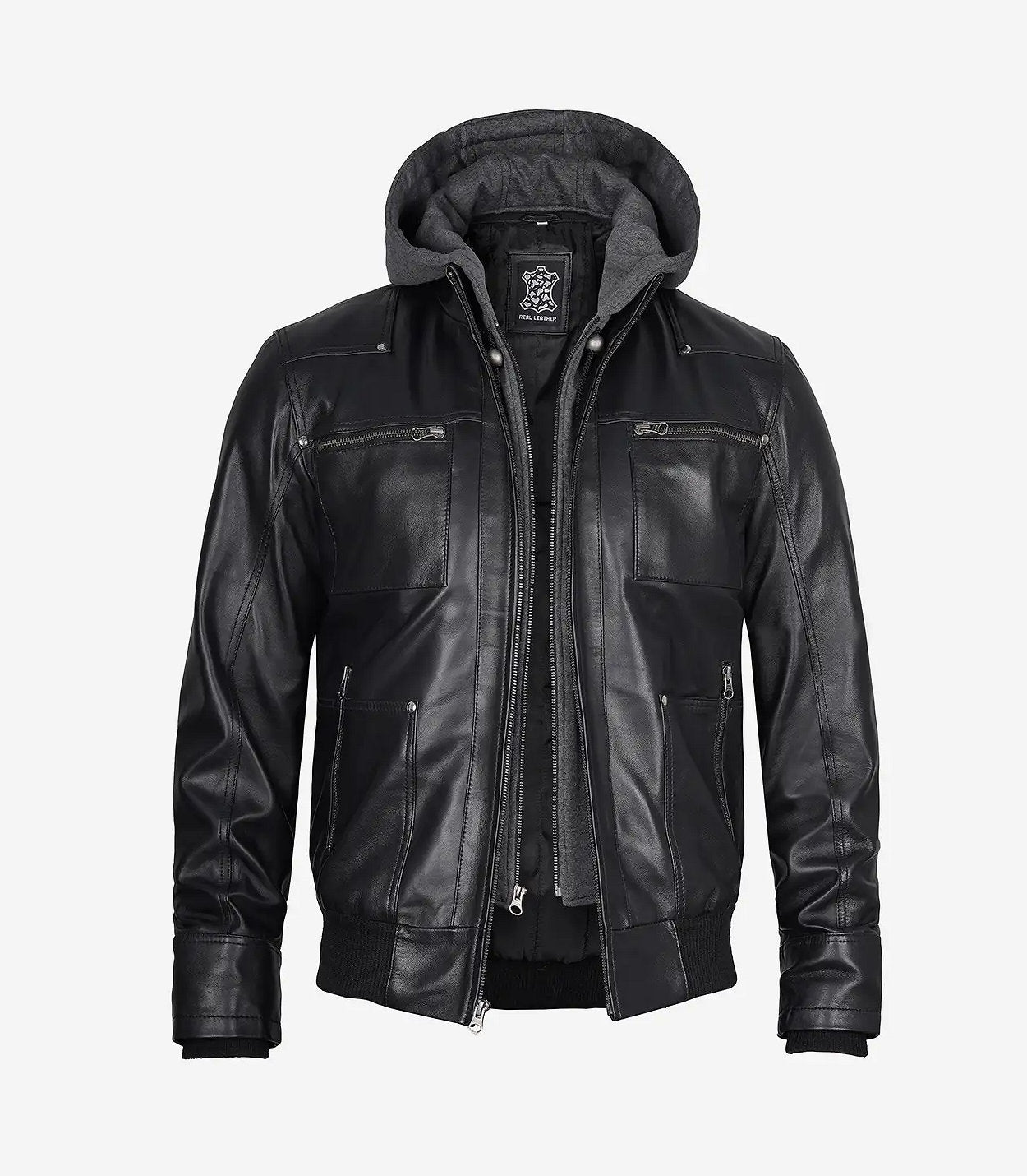 Men'S Black Leather Bomber Jacket With Removable Hood