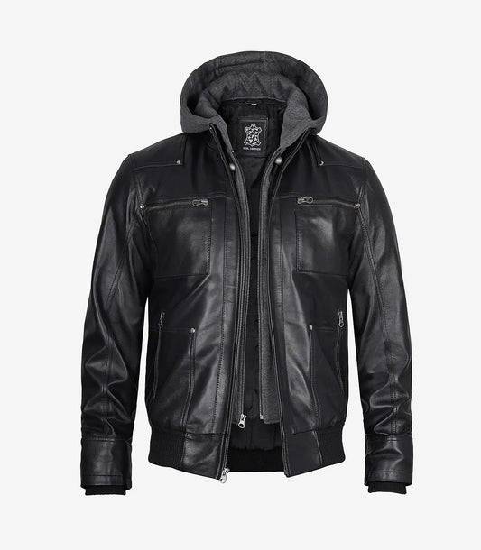 Men'S Black Leather Bomber Jacket With Removable Hood