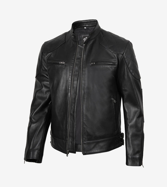 Men'S Black Leather Cafe Racer Style Jacket