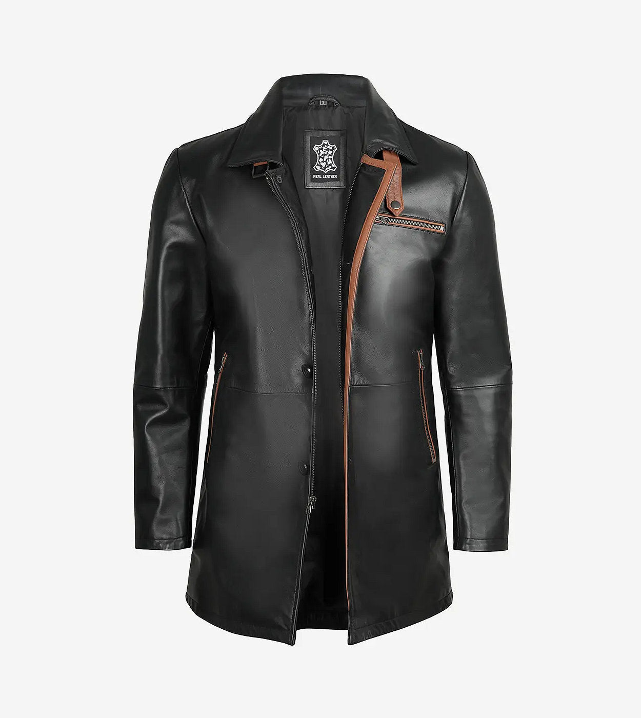 Men'S Black Leather Coat With Brown Detailing
