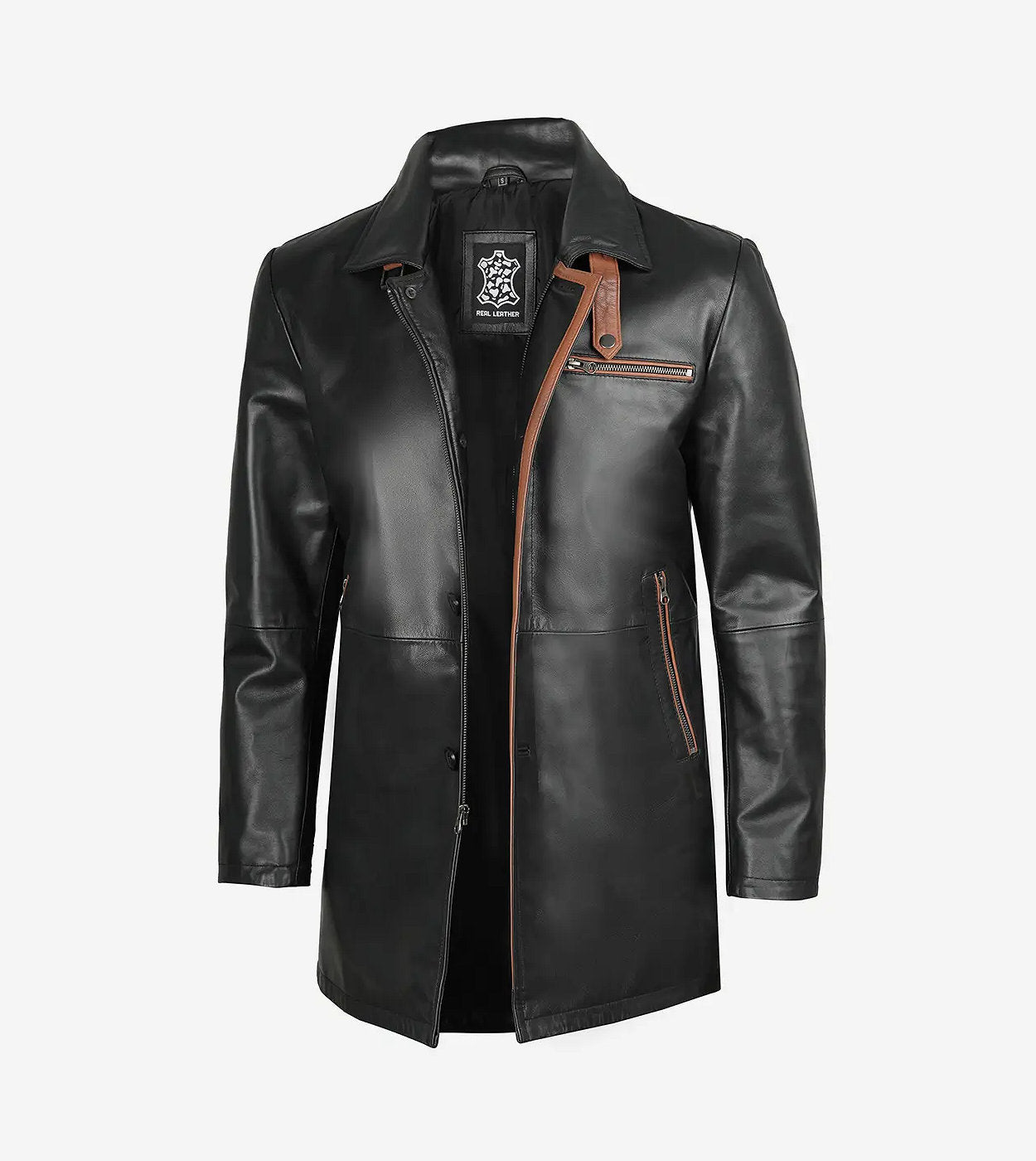 Men'S Black Leather Coat With Brown Detailing
